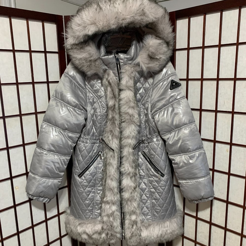 River Island Silver puffer coat jacket parka faux fur trim UK 14 / US 10 new